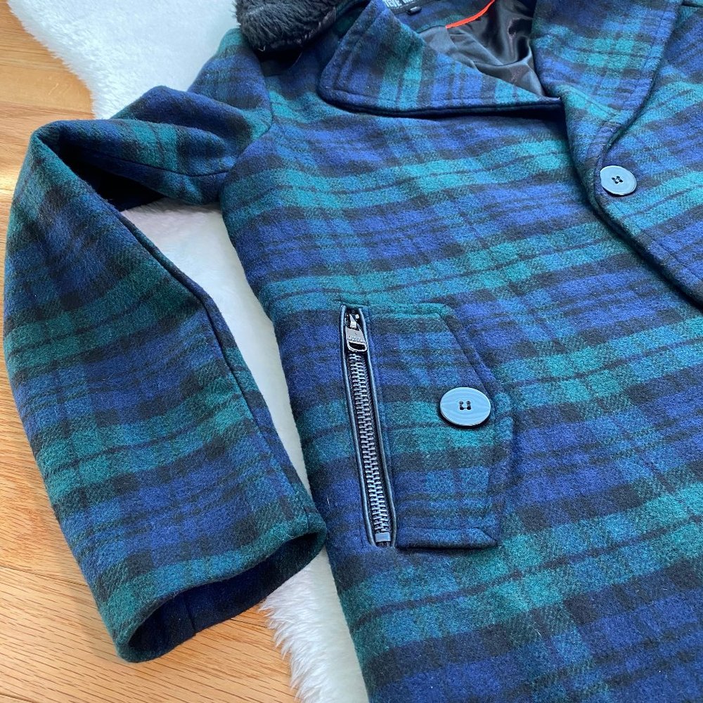 Steve Madden Women's Wool Blend Plaid Coat with Fur Trim, Green/Navy, Size M - Picture 8 of 10